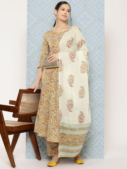 Yellow Printed Anarkali Kurta With Trouser And Dupatta