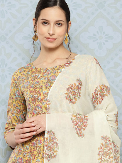 Yellow Printed Anarkali Kurta With Trouser And Dupatta