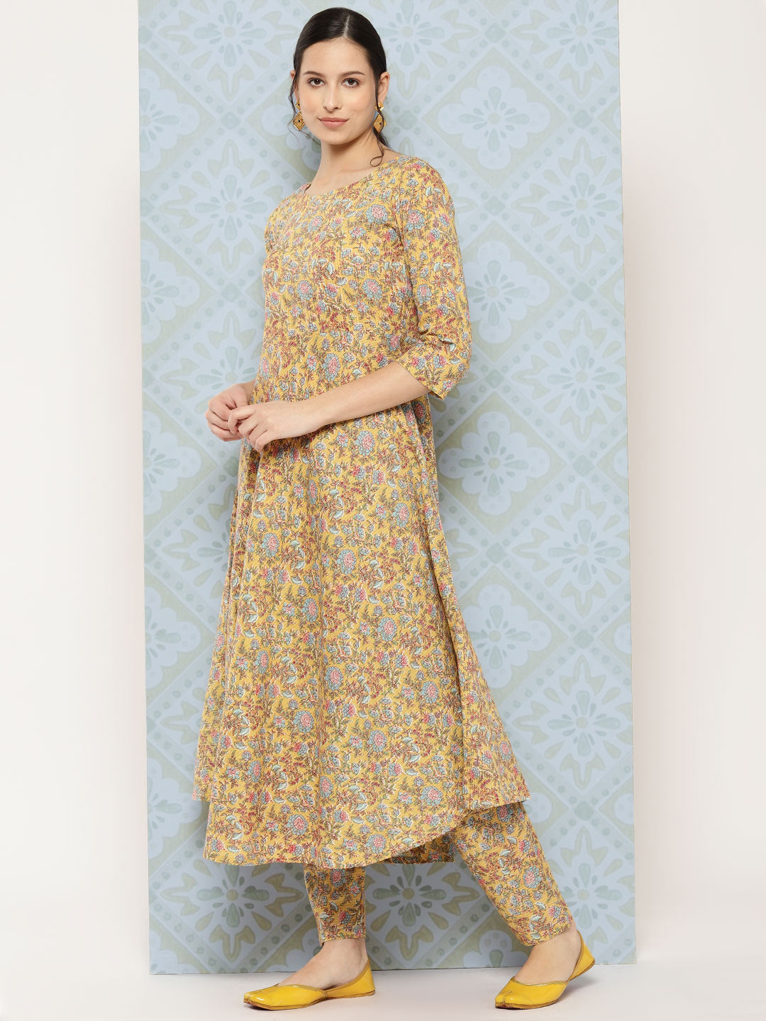 Yellow Printed Anarkali Kurta With Trouser And Dupatta