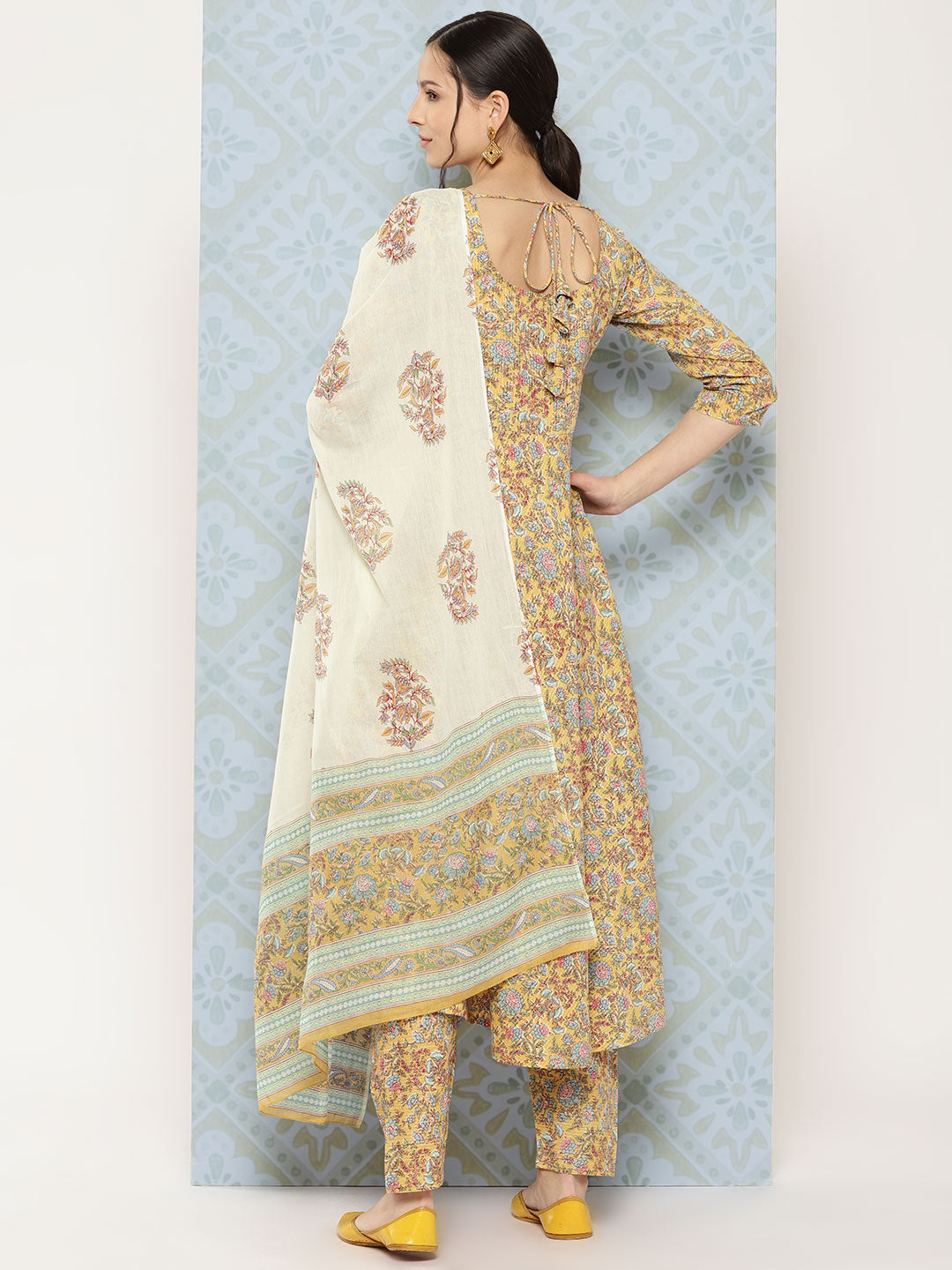 Yellow Printed Anarkali Kurta With Trouser And Dupatta