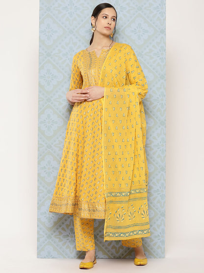 Yellow Printed Anarkali Kurta With Trouser And Dupatta