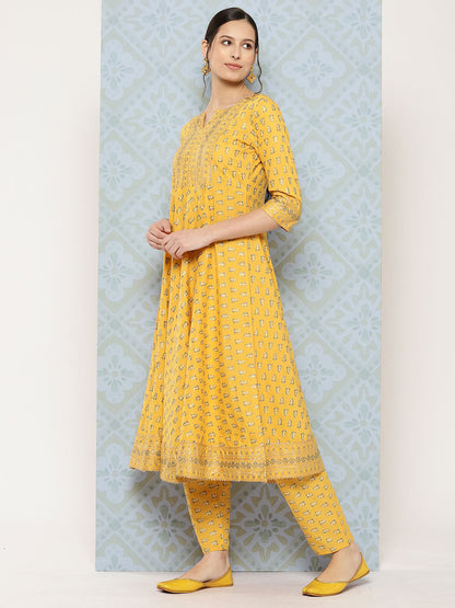 Yellow Printed Anarkali Kurta With Trouser And Dupatta