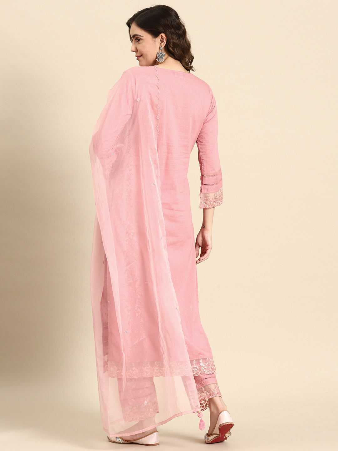 Women Mauve Lace Detailing Kurta With Trouser And Dupatta