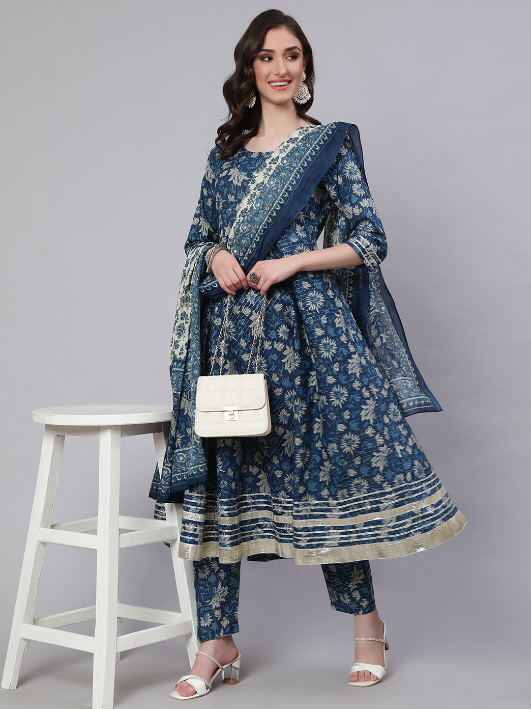 Women Blue Ethnic Printed Anarkali Kurta With Trouser And Dupatta