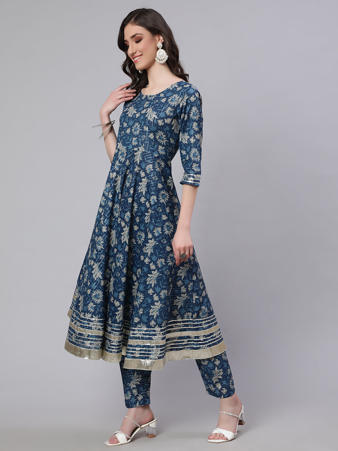 Women Blue Ethnic Printed Anarkali Kurta With Trouser And Dupatta