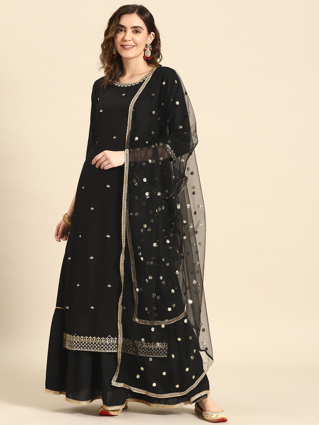 Women Black Embroidered Straight Kurta With Sharara And Net Dupatta