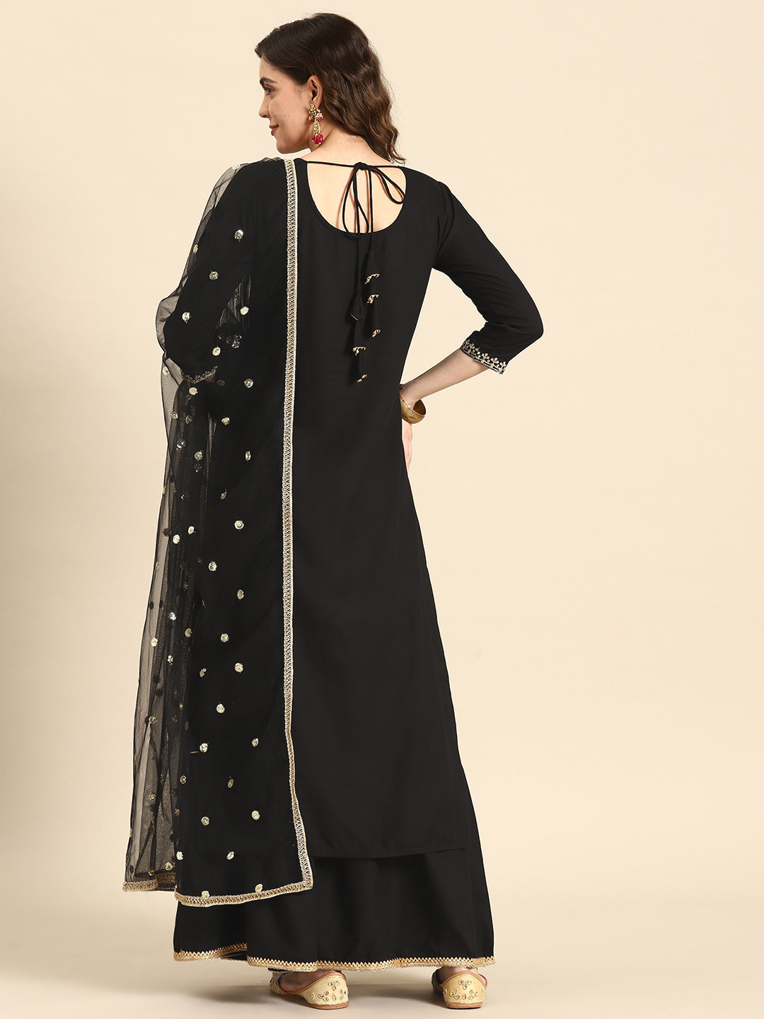 Women Black Embroidered Straight Kurta With Sharara And Net Dupatta