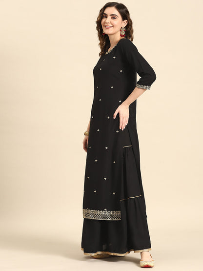 Women Black Embroidered Straight Kurta With Sharara And Net Dupatta