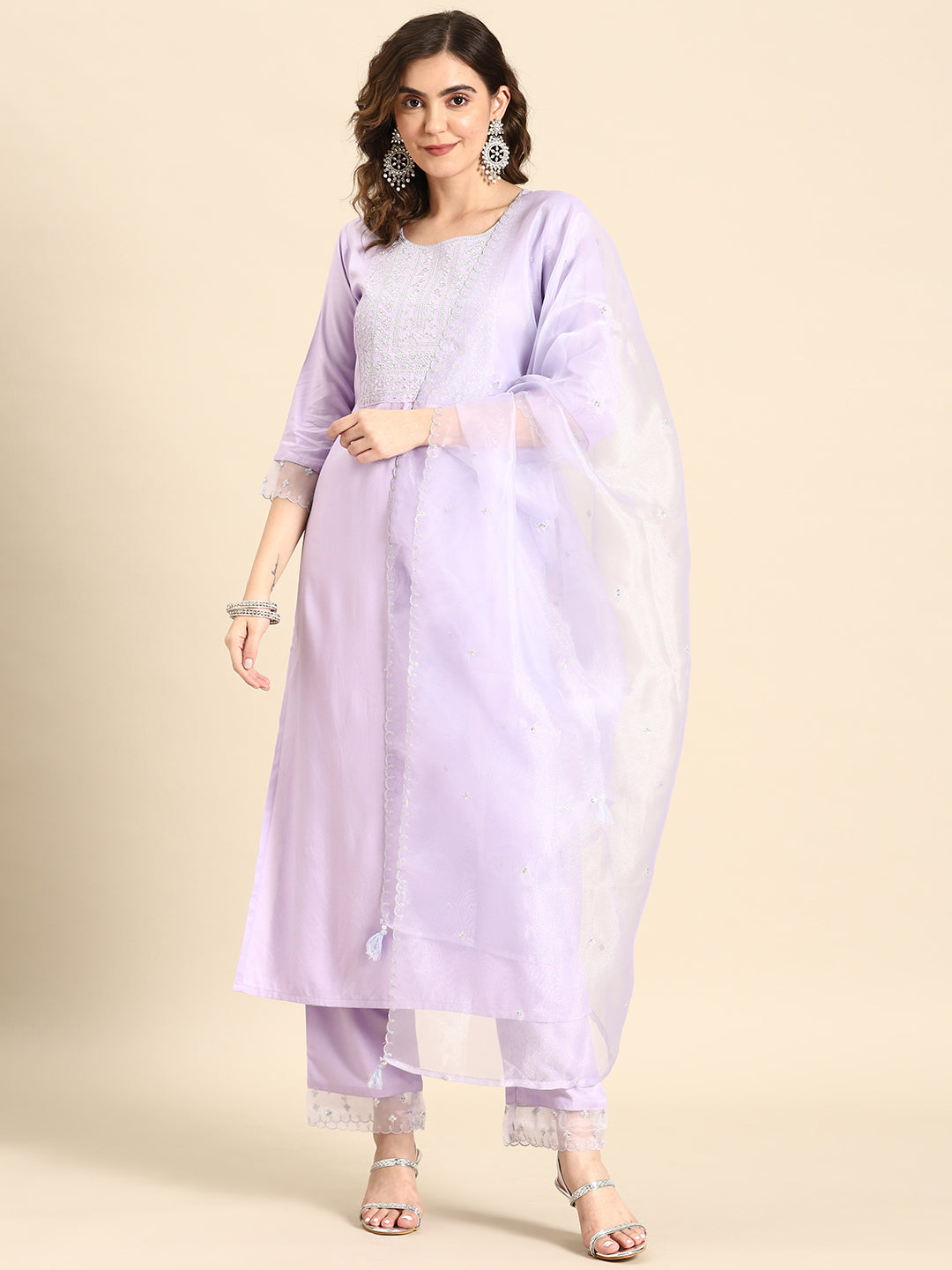 Women Lavender Embroidered Straight Kurta With Palazzo & Dupatta