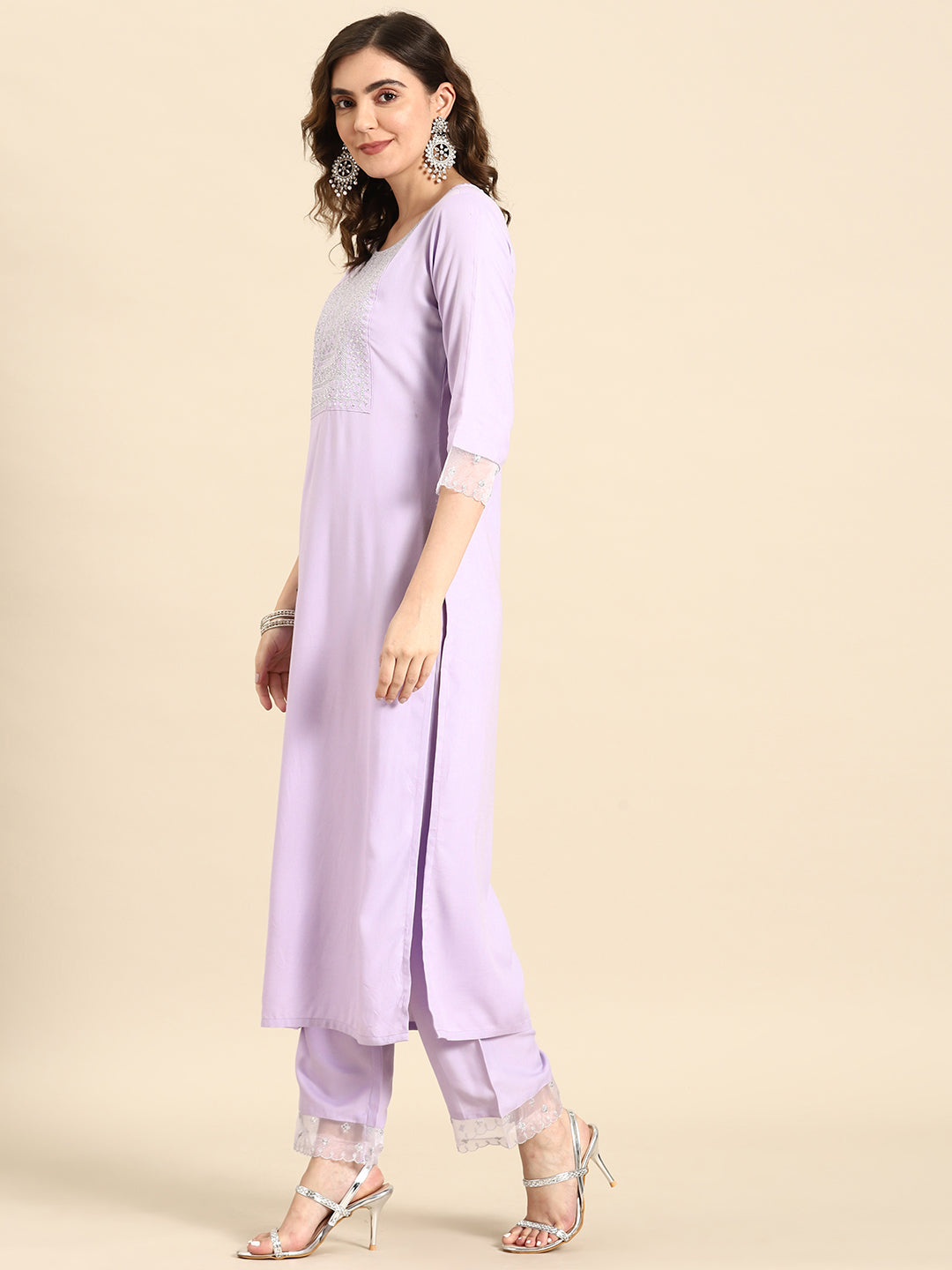 Women Lavender Embroidered Straight Kurta With Palazzo & Dupatta