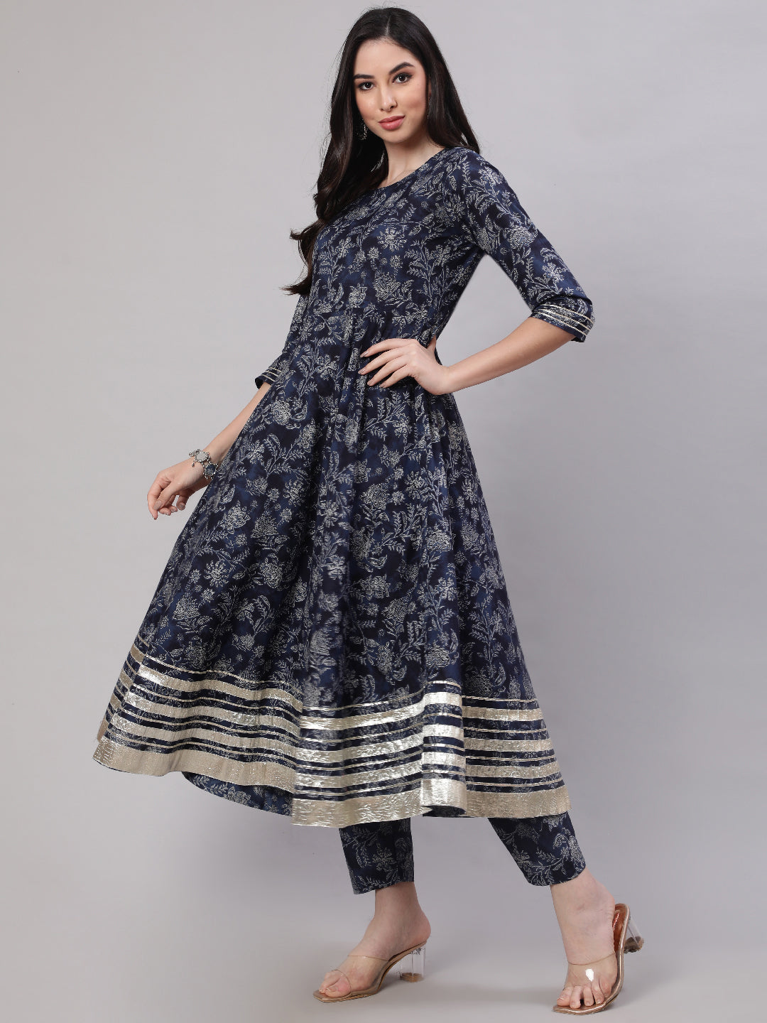 Women Blue Floral Printed Anarkali Kurta With Trouser And Dupatta