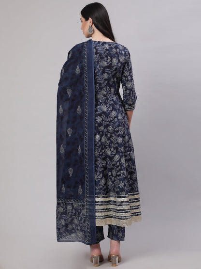 Women Blue Floral Printed Anarkali Kurta With Trouser And Dupatta