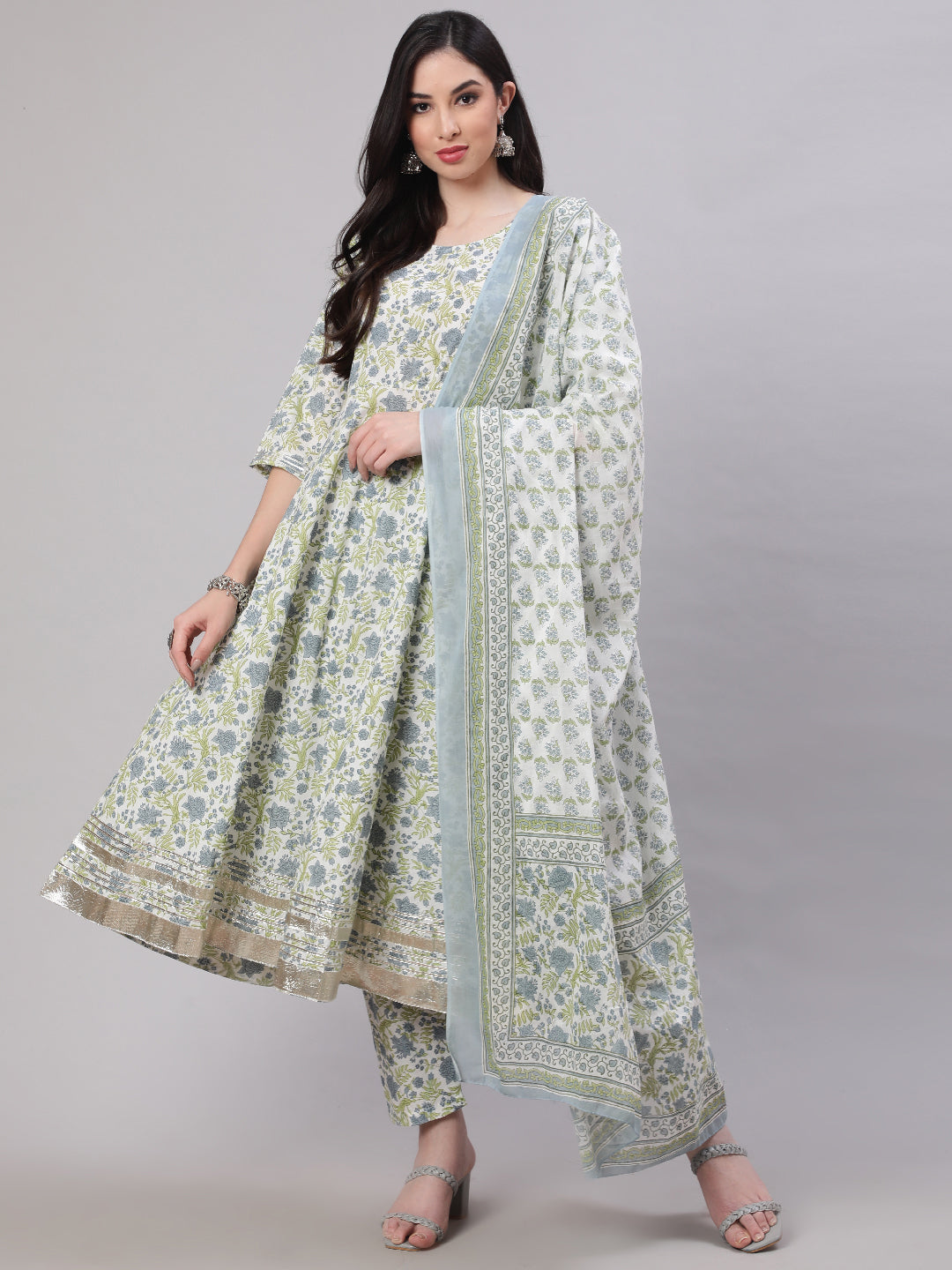 Women Off-White Floral Printed Flared Kurta With Trouser And Dupatta