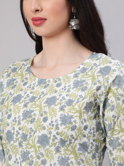 Women Off-White Floral Printed Flared Kurta With Trouser And Dupatta