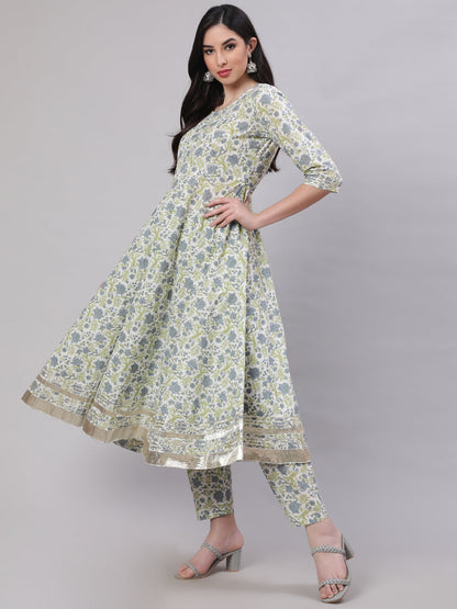 Women Off-White Floral Printed Flared Kurta With Trouser And Dupatta