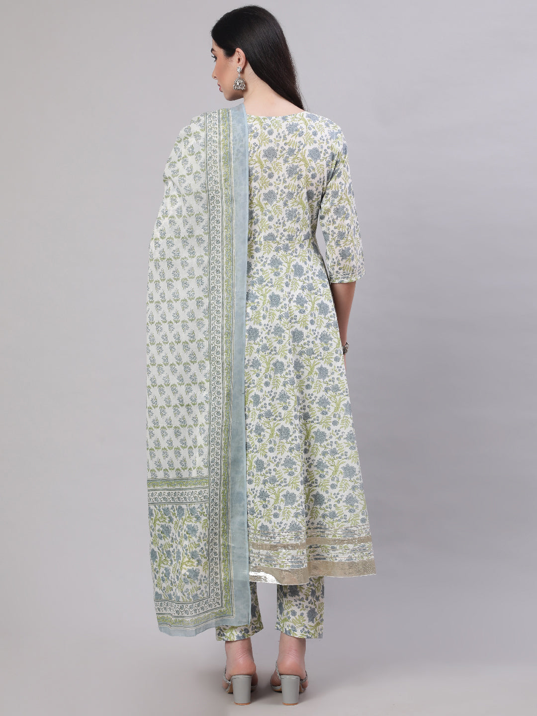 Women Off-White Floral Printed Flared Kurta With Trouser And Dupatta