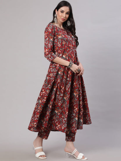 Women Maroon Floral Printed Flared Kurta With Trouser And Dupatta