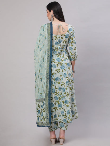 Women Grey Floral Printed Flared Kurta With Trouser And Dupatta