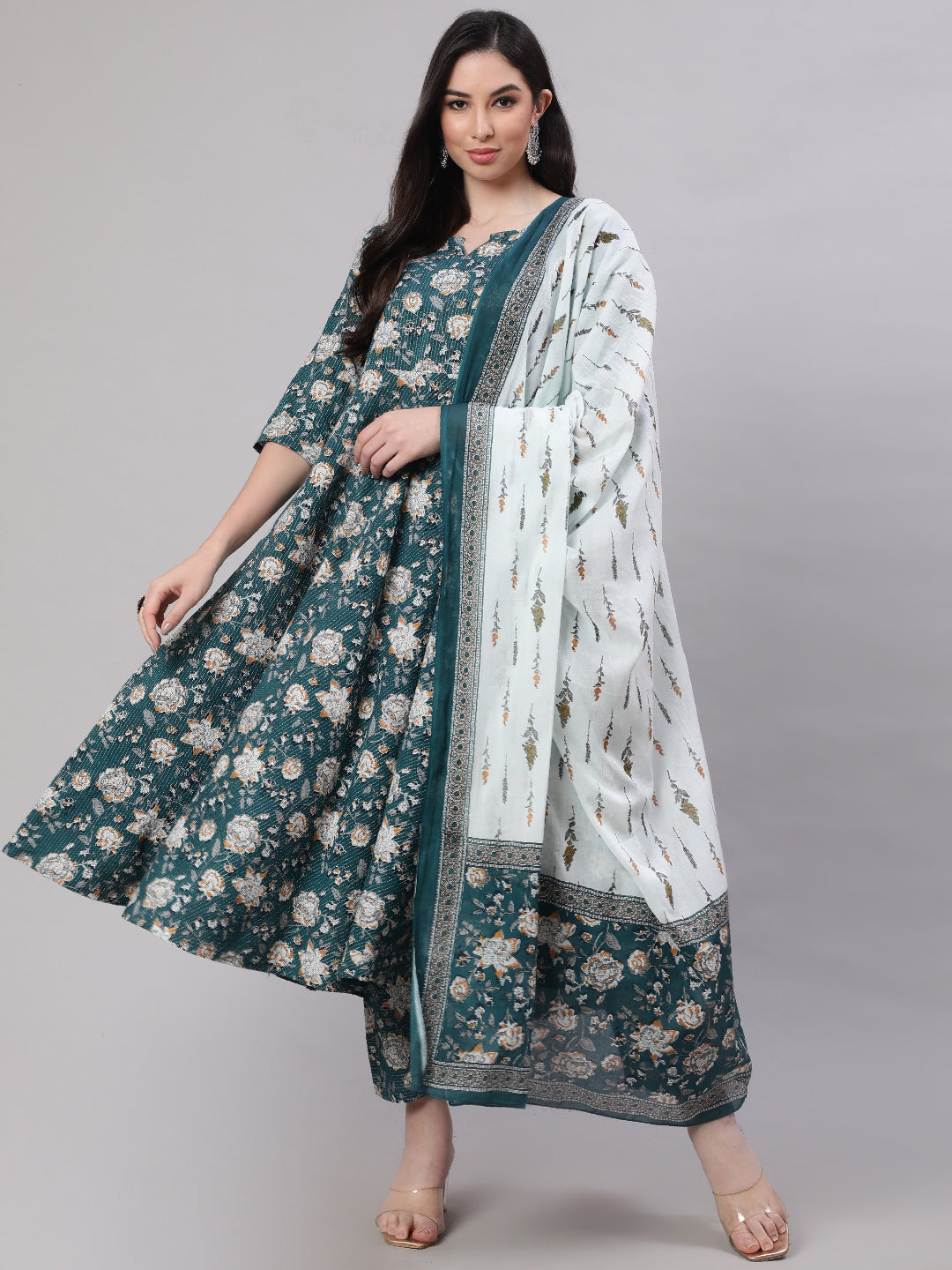 Women Green Floral Printed Anarkali Kurta With Trouser And Dupatta