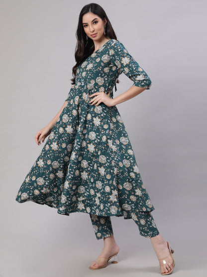 Women Green Floral Printed Anarkali Kurta With Trouser And Dupatta