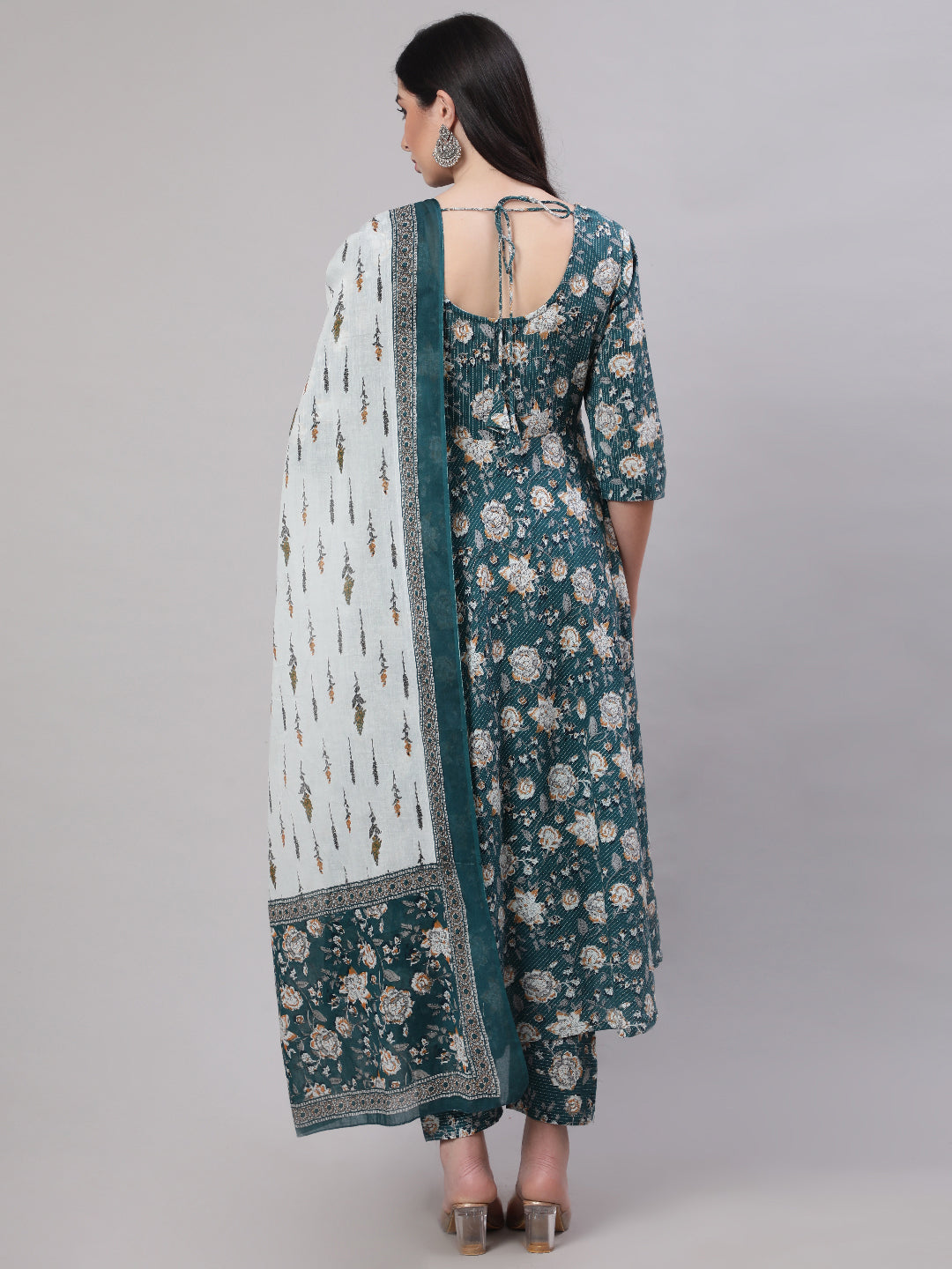 Women Green Floral Printed Anarkali Kurta With Trouser And Dupatta