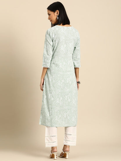 Women Green Printed Straight Kurta With Trouser