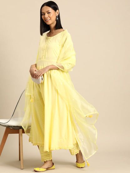 Women Yellow Lace Detailing Kurta With Trouser And Scalped Dupatta