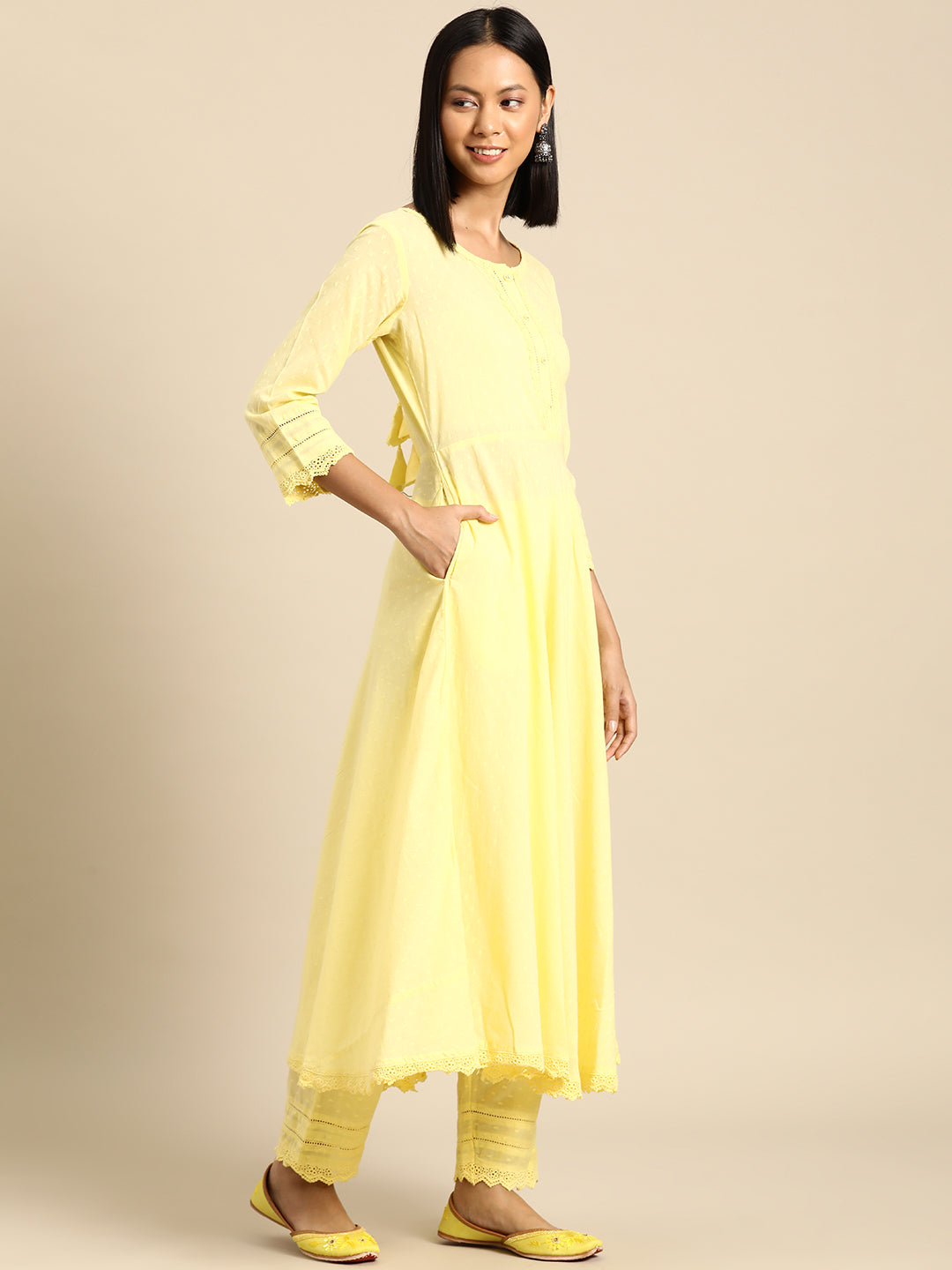 Women Yellow Lace Detailing Kurta With Trouser And Scalped Dupatta