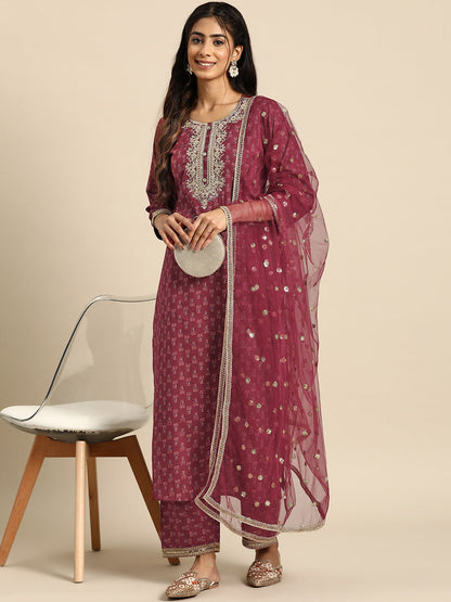 Women Burgundy Embroidered Straight Kurta With Palazzo And Net Dupatta