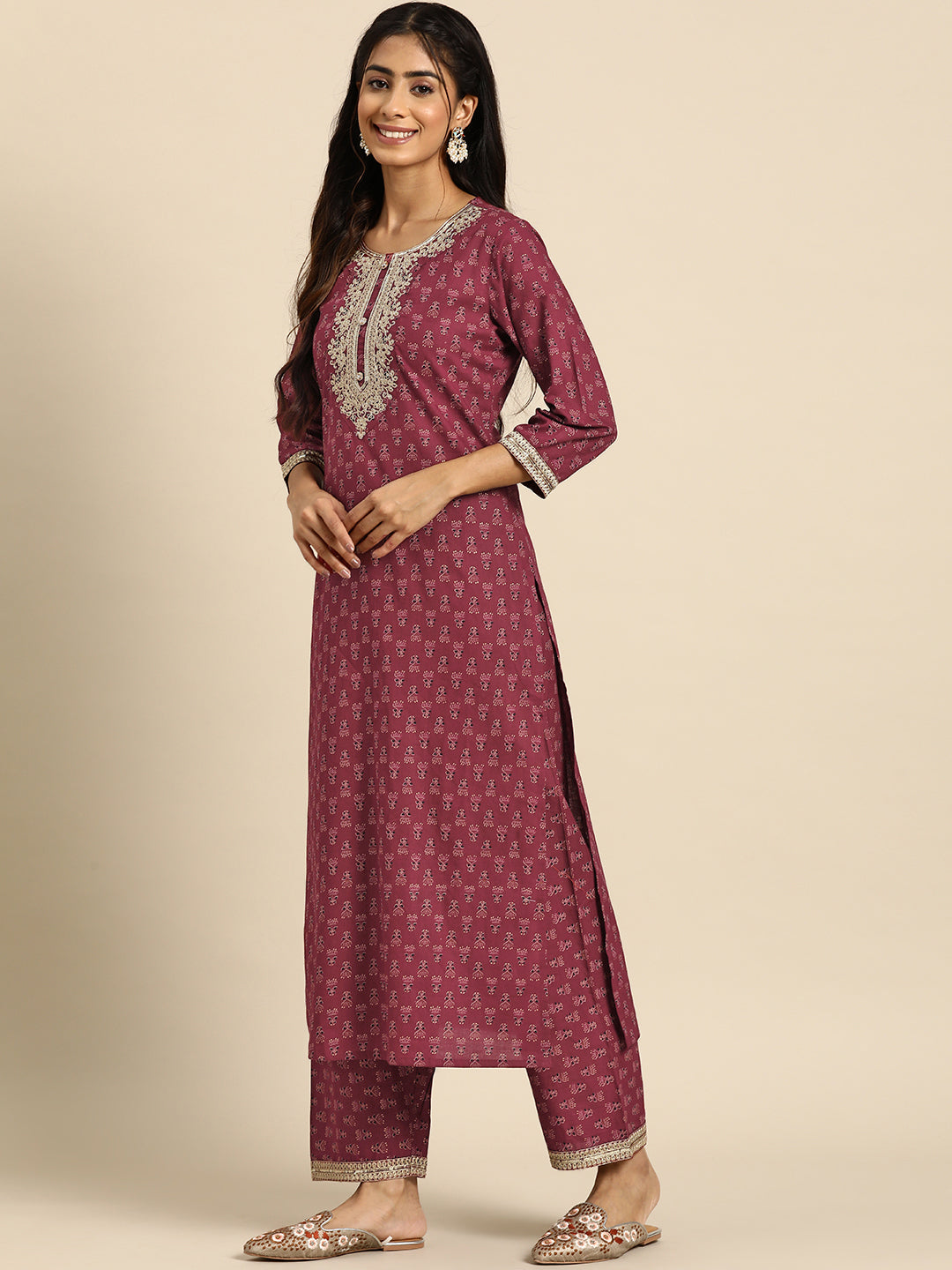 Women Burgundy Embroidered Straight Kurta With Palazzo And Net Dupatta