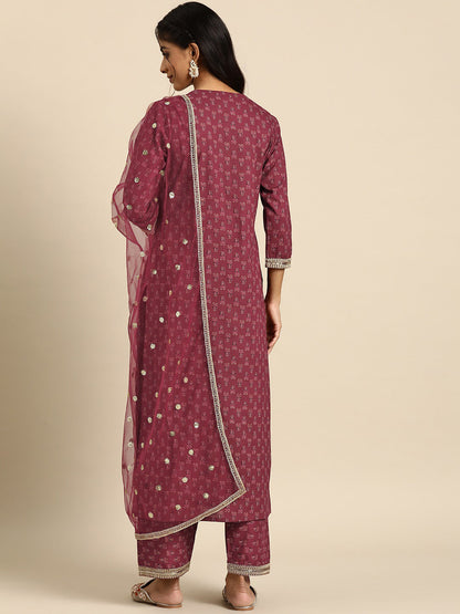 Women Burgundy Embroidered Straight Kurta With Palazzo And Net Dupatta