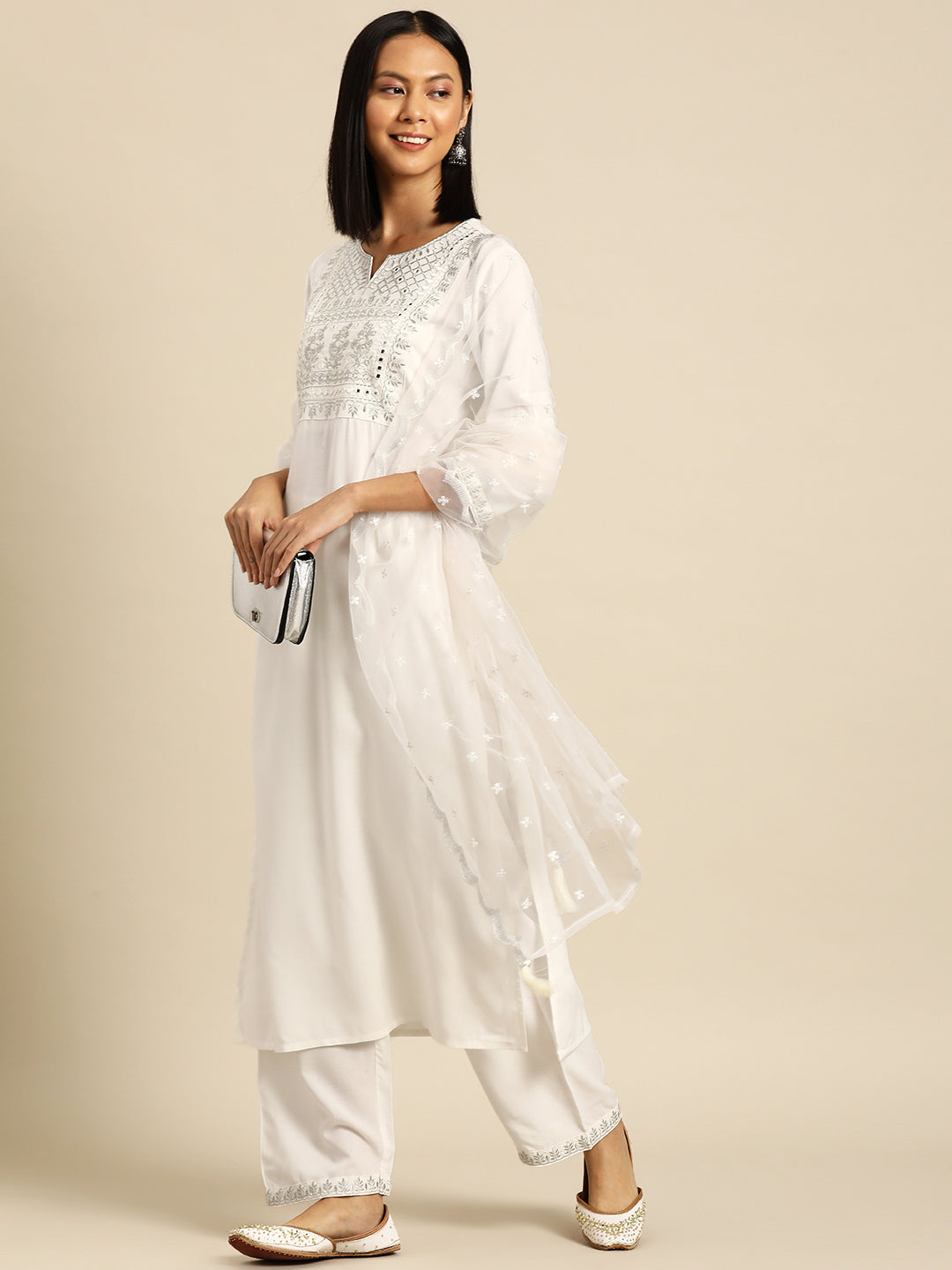 Women White Embroidered Straight Kurta With Palazzo And Net Dupatta