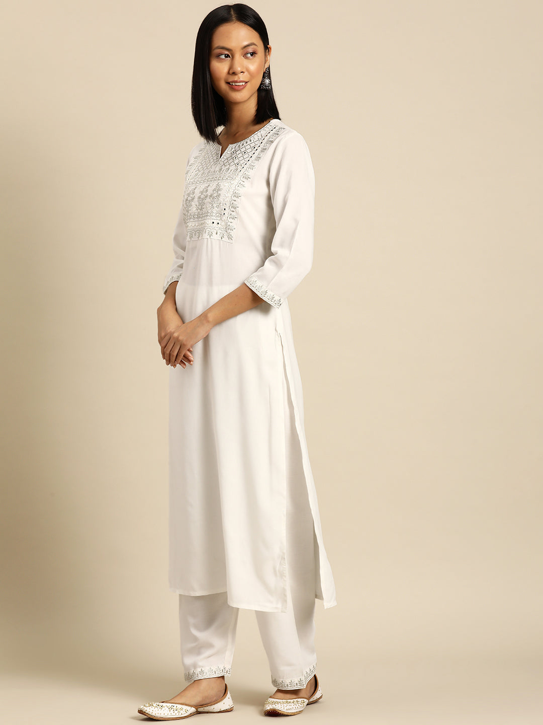 Women White Embroidered Straight Kurta With Palazzo And Net Dupatta