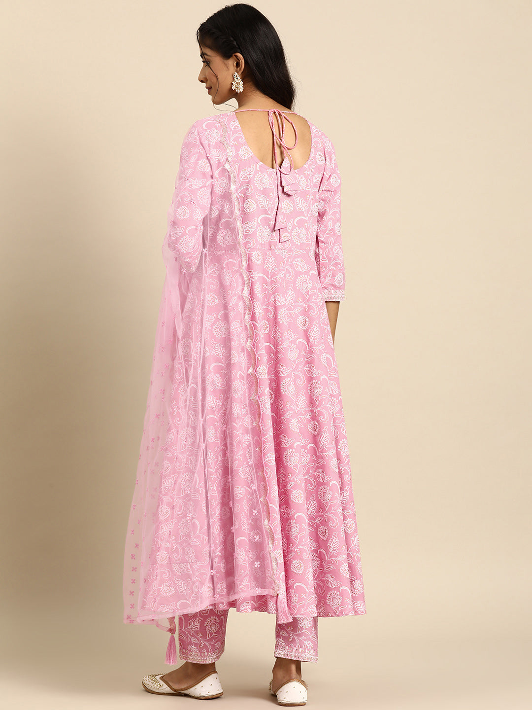 Women Pink Embroidered Anarkali Kurta With Trouser And Dupatta