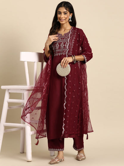 Women Maroon Embroidered Straight Kurta With Palazzo And Net Dupatta