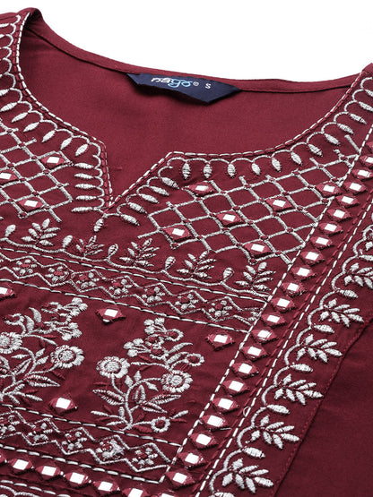 Women Maroon Embroidered Straight Kurta With Palazzo And Net Dupatta