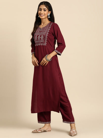 Women Maroon Embroidered Straight Kurta With Palazzo And Net Dupatta