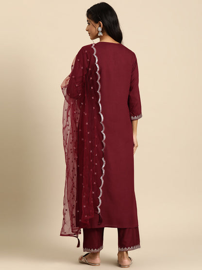 Women Maroon Embroidered Straight Kurta With Palazzo And Net Dupatta