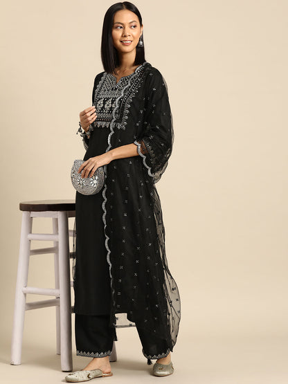 Women Black Embroidered Straight Kurta With Palazzo And Net Dupatta