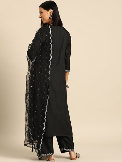 Women Black Embroidered Straight Kurta With Palazzo And Net Dupatta