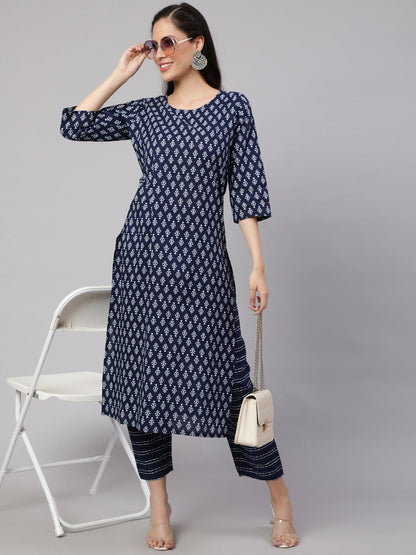 Women Navy Blue Printed Straight Kurta With Trouser