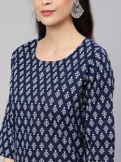 Women Navy Blue Printed Straight Kurta With Trouser