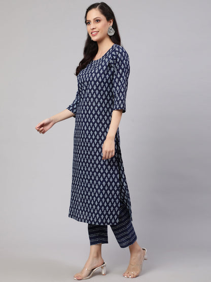 Women Navy Blue Printed Straight Kurta With Trouser