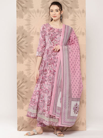 Women Pink Floral Printed Anarkali Kurta With Trouser And Dupatta