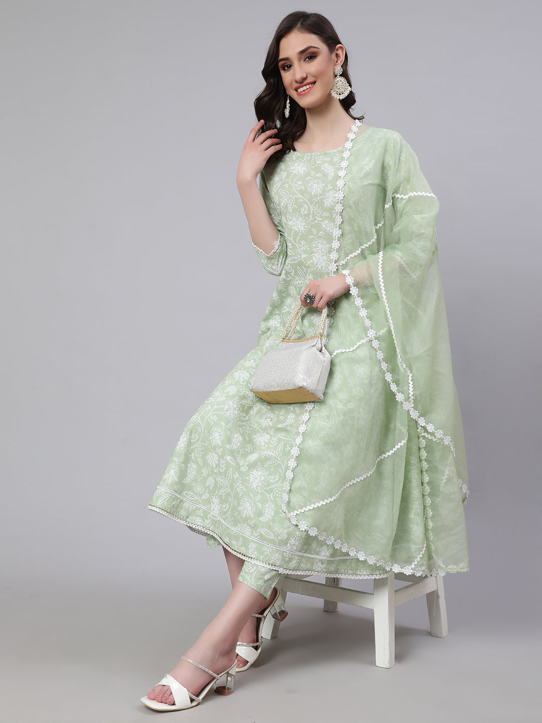 Women Green Floral Printed Anarkali Kurta With Trouser And Dupatta