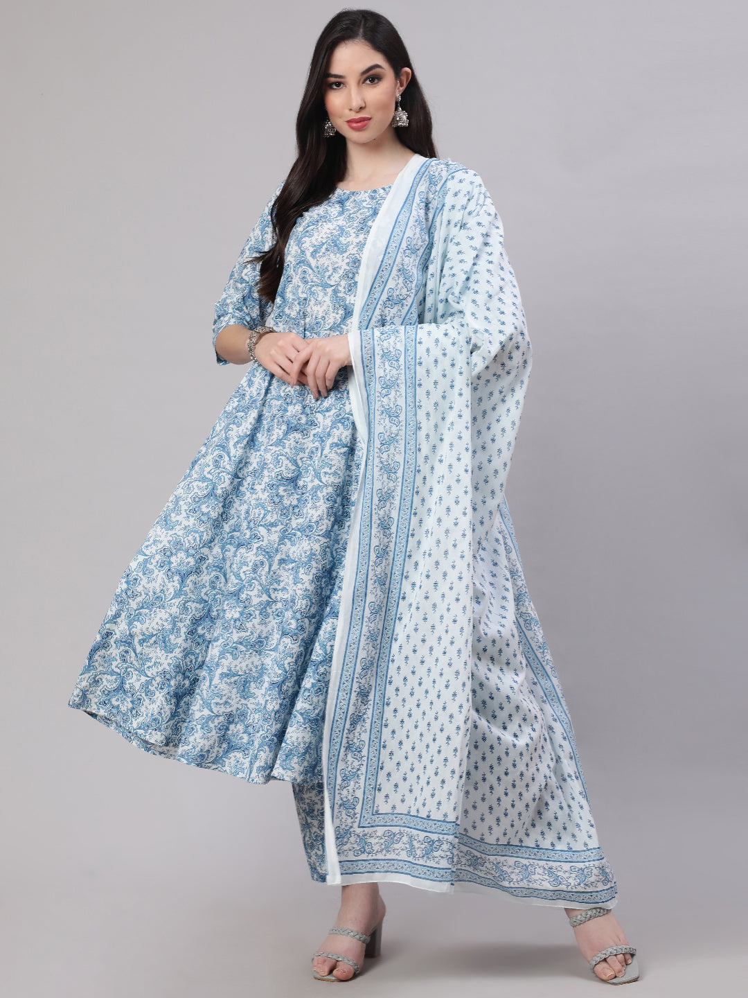 Women Blue Floral Printed Anarkali Kurta With Trouser And Dupatta