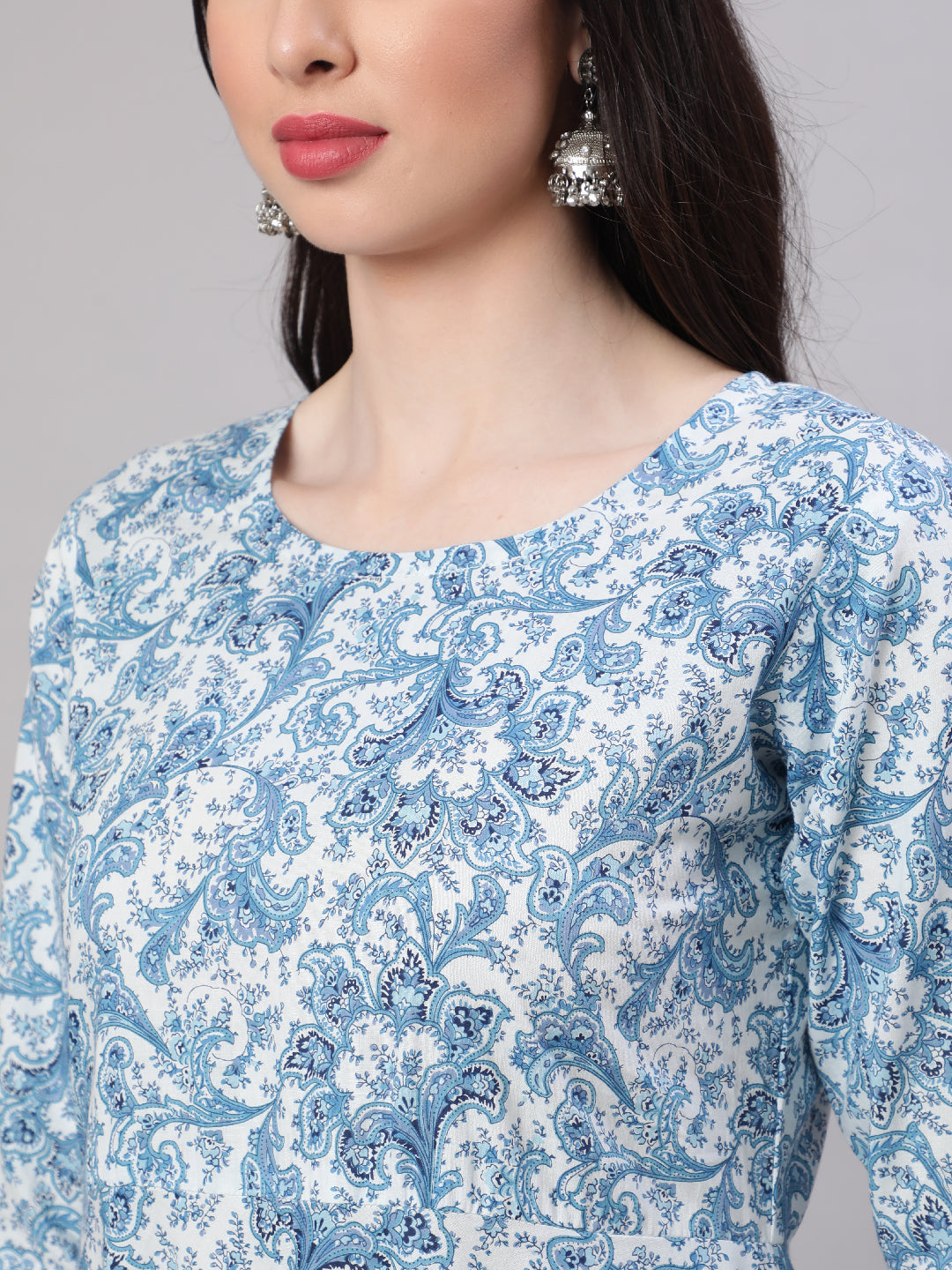 Women Blue Floral Printed Anarkali Kurta With Trouser And Dupatta