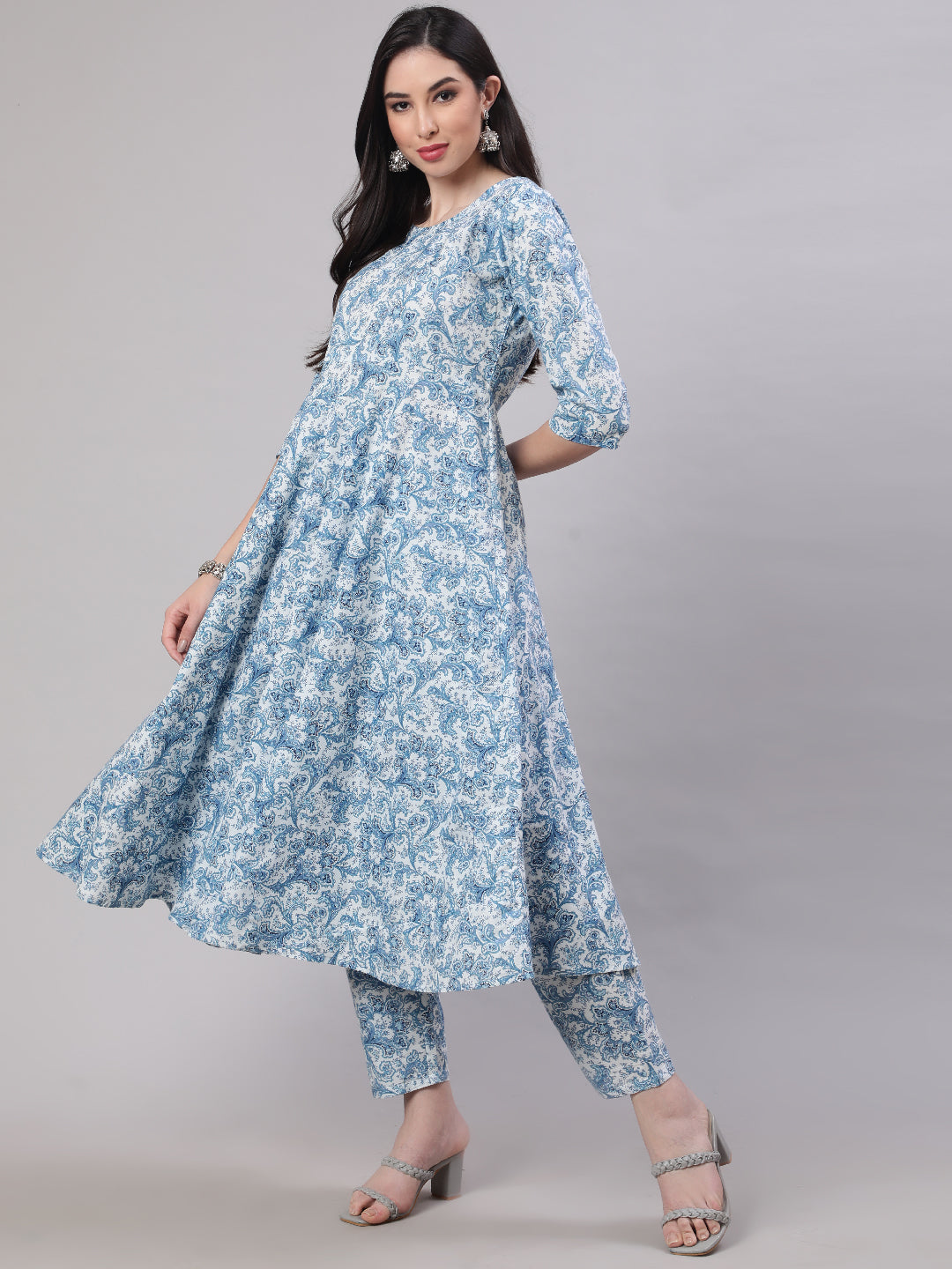 Women Blue Floral Printed Anarkali Kurta With Trouser And Dupatta