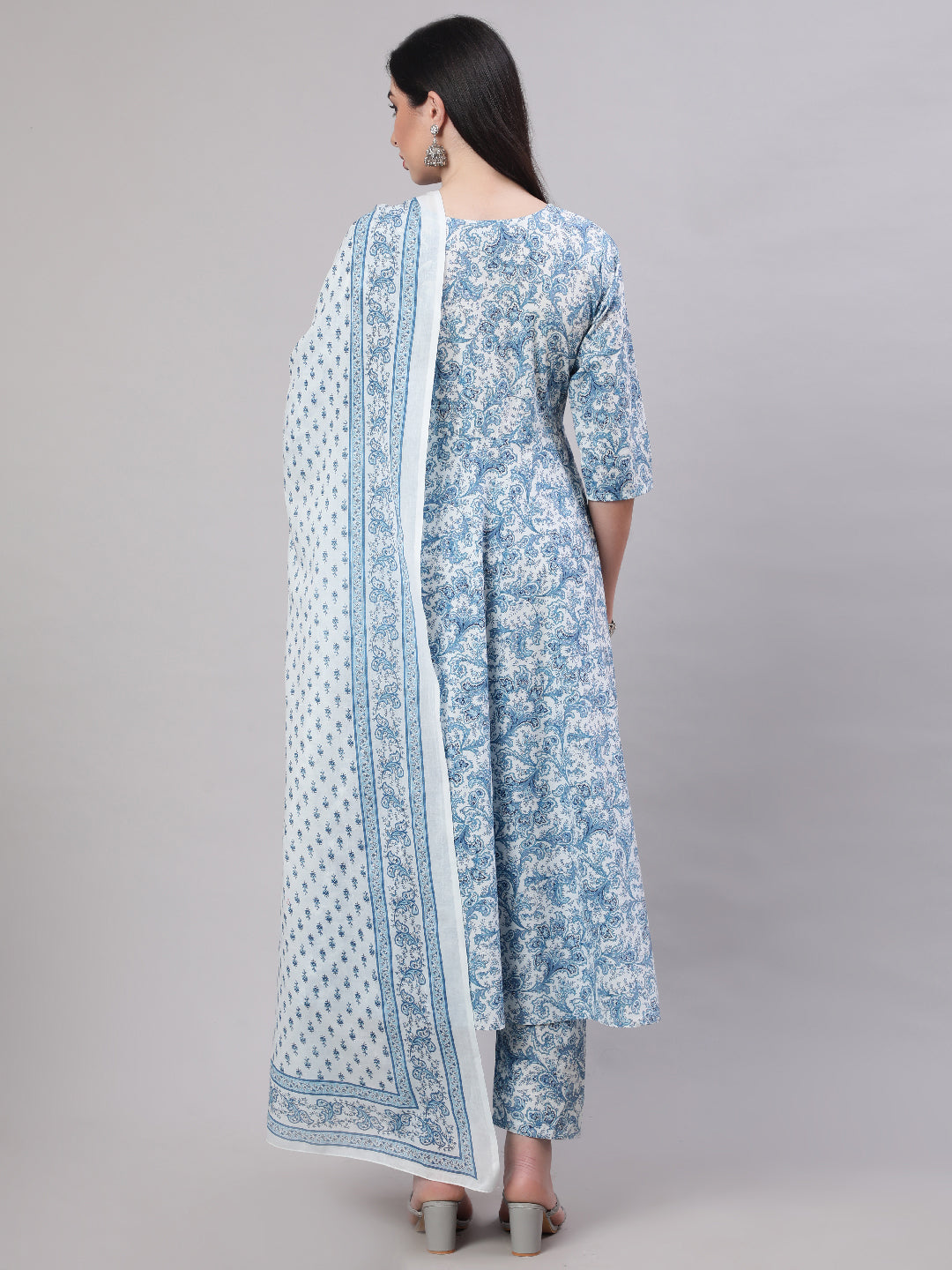 Women Blue Floral Printed Anarkali Kurta With Trouser And Dupatta