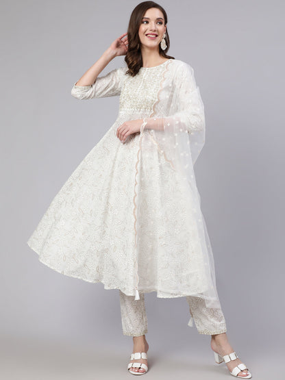 White Embroidered Flared Kurta With Trouser And Dupatta